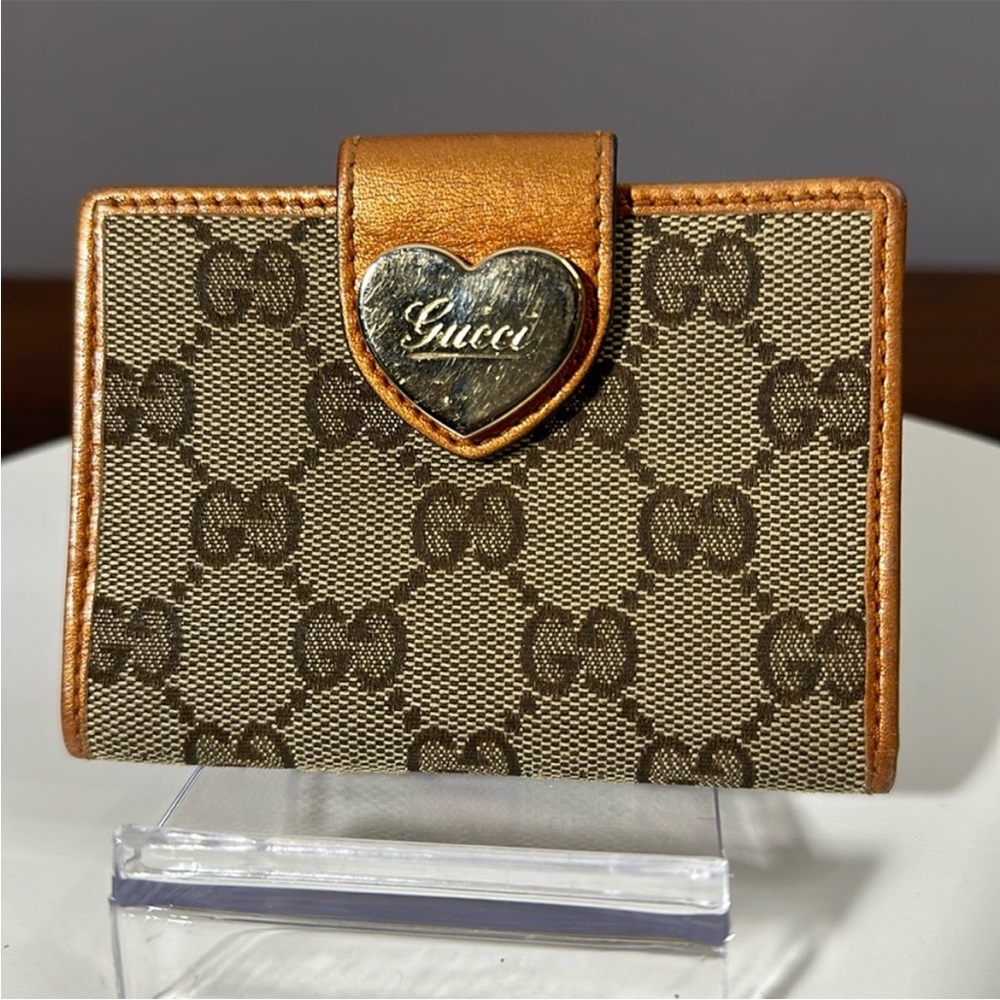 Gucci Card Holder Wallet GG Canvas with Orange Metallic Leather Trim